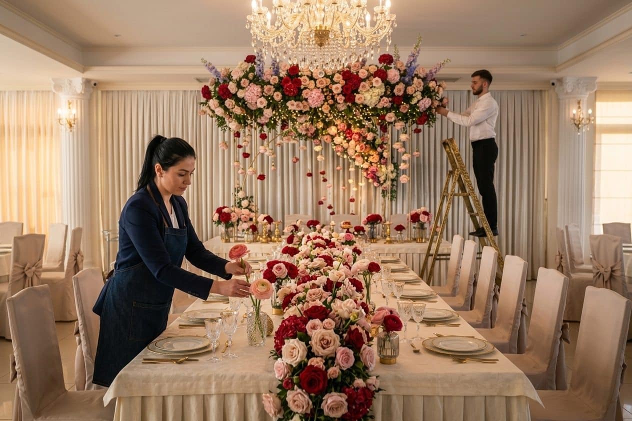 Planners styling a ballroom with florals before guests arrive