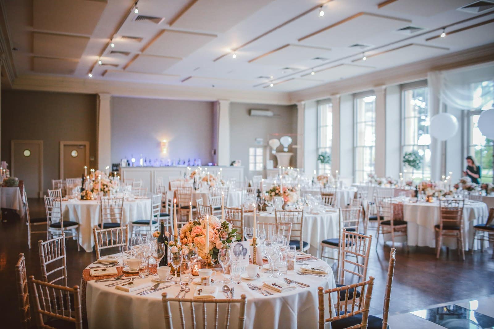 Ballroom set for an evening reception